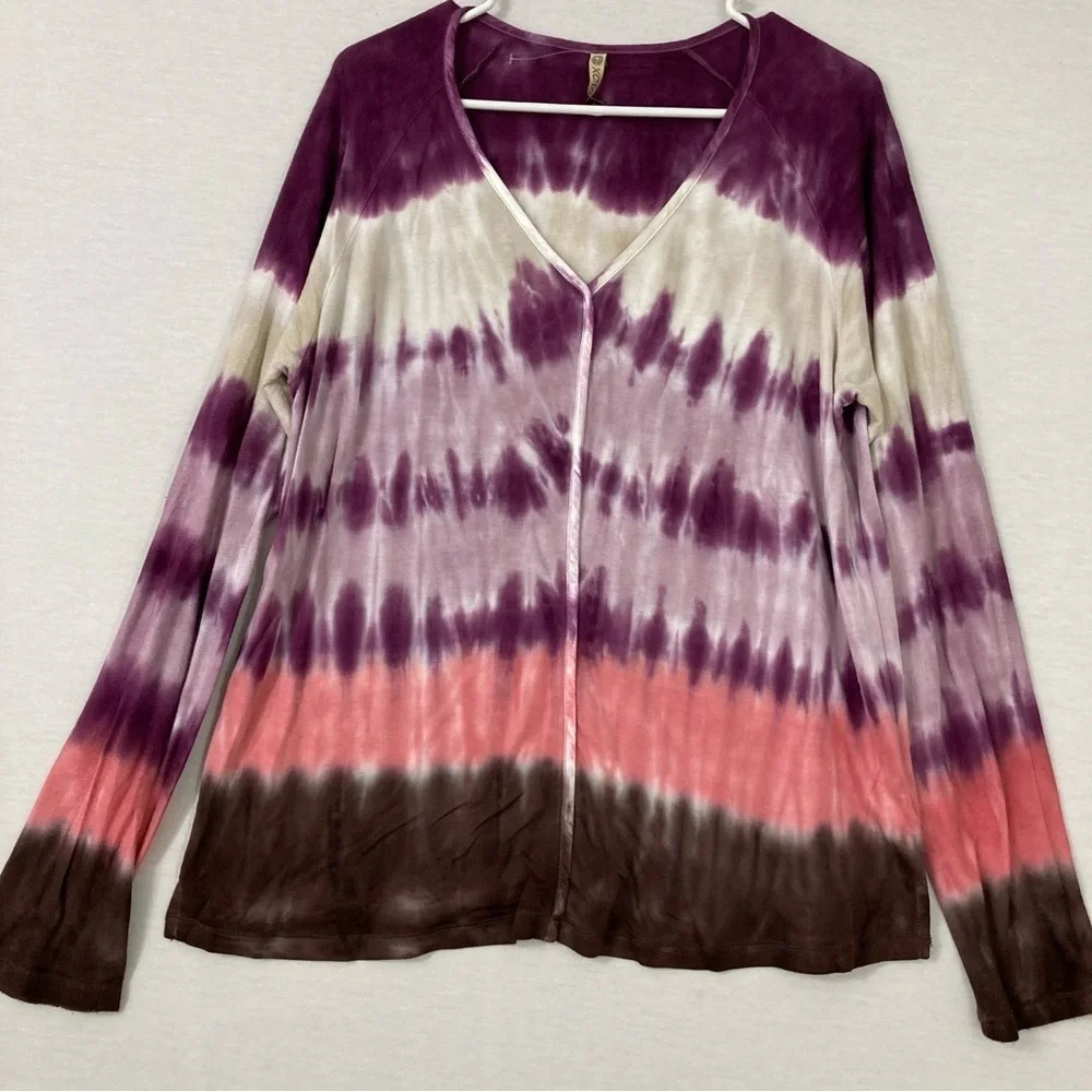 XCVI Purple Pink Tie Dye‎ V Neck Stretch Long Sleeve Knit Top Large
